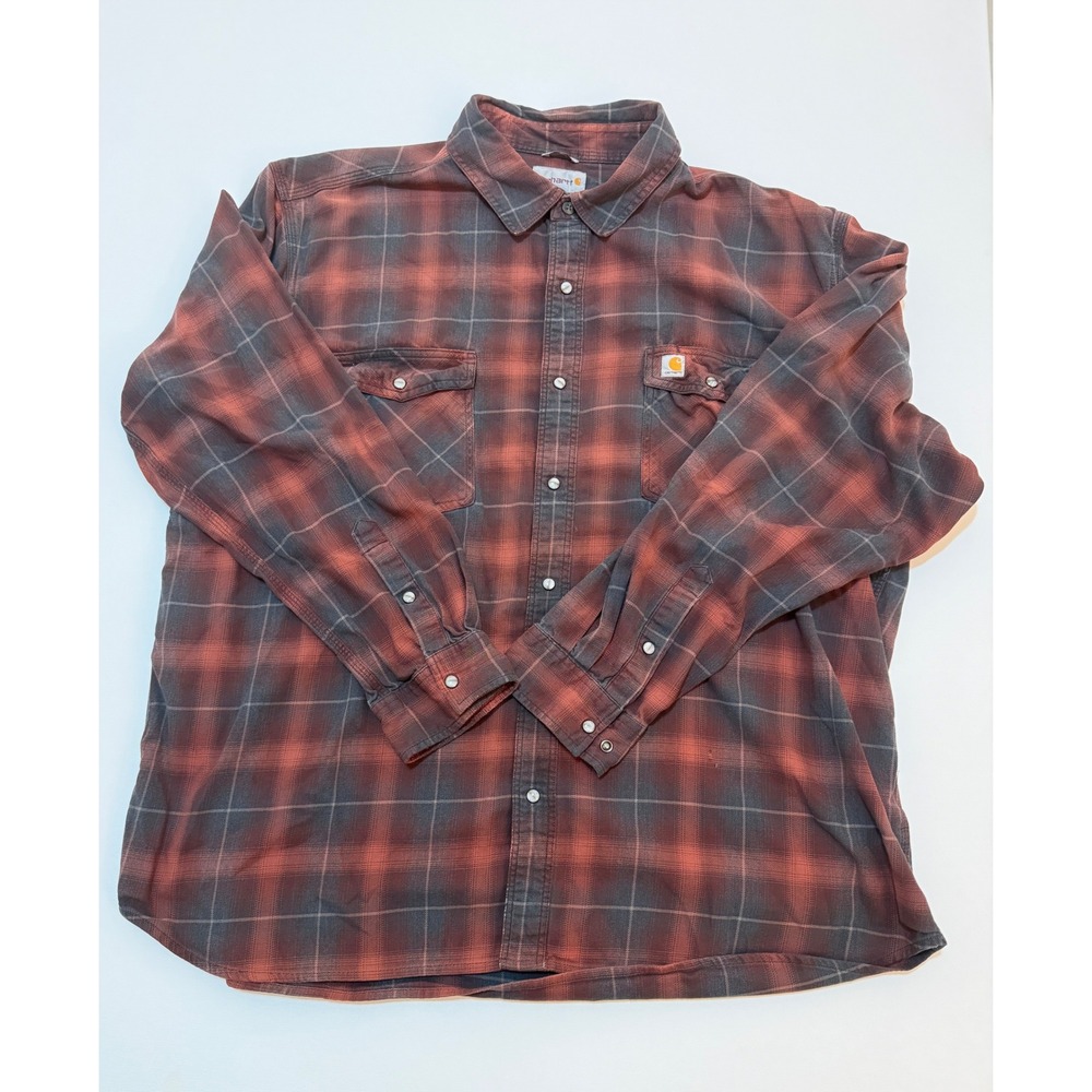 Carhartt Mens 2XL Relaxed Fit Plaid Flannel Shirt Red Gray Snap Pocket 102825